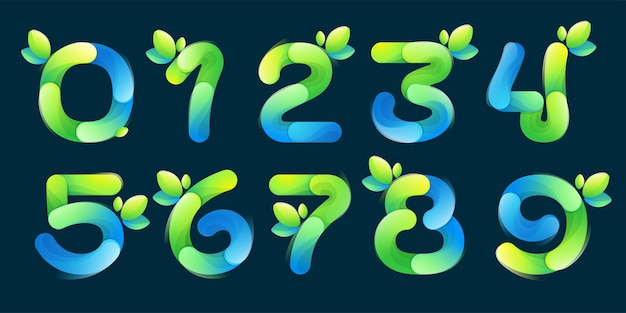 Eco-nummern mit verlaufslinien mit grünem blatt umweltfreundliches symbol aus überlappenden teilen