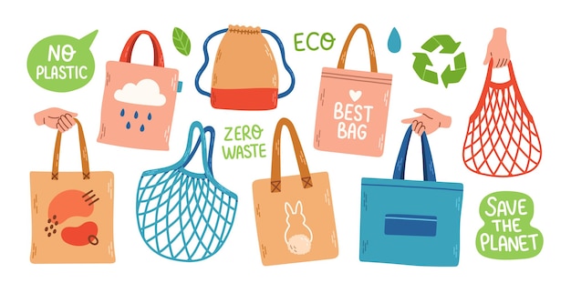 Eco-Paket-Set Zero Waste Pack String Bag Vector Illustration