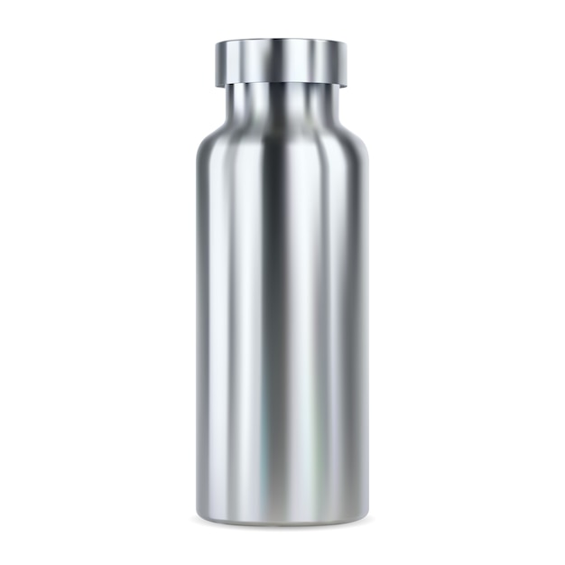 Vektor edelstahl wasserflasche. wiederverwendbarer thermokolben, abbildung. outdoor-sportprodukt leer für ihre markenwerbung. aluminiumkanisterprobe mit kappe. leere fitness kann