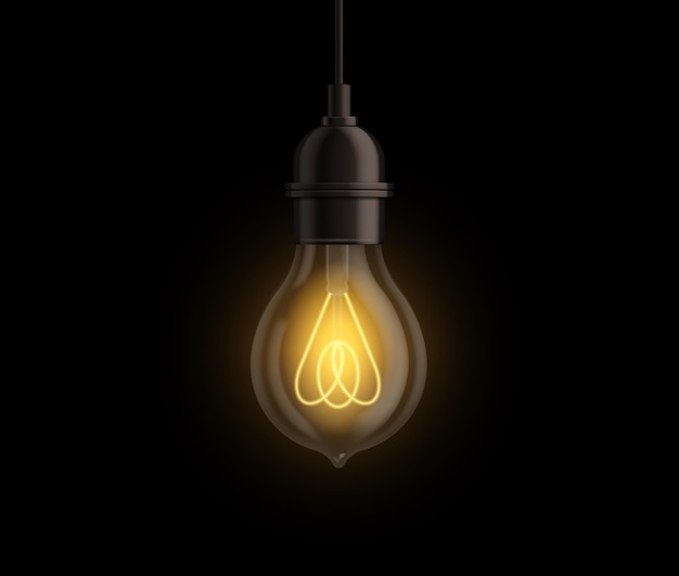 Edison glühbirne realistisch vintage leuchtende lampe leuchtend gelb leuchtendes dekor 3d-einzelelement retro elektrische geräte kreative idee symbol vektor isoliert auf schwarzer illustration