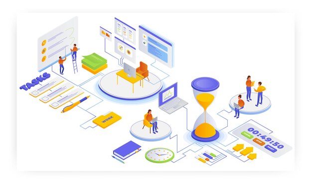 Effektives Arbeitszeitmanagement Vektor isometrische Illustration Task Management Workflow Planungsplan