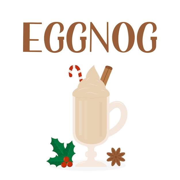 Eggnog-handschrift und glas traditionelles weihnachtsgetränk isoliert auf weiß vektorvorlage für logo-design-poster-banner-flyer-aufkleber-menü für bar-café-restaurant