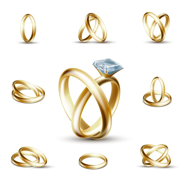 Eheringe und diamantring. goldener ring mit edelstein