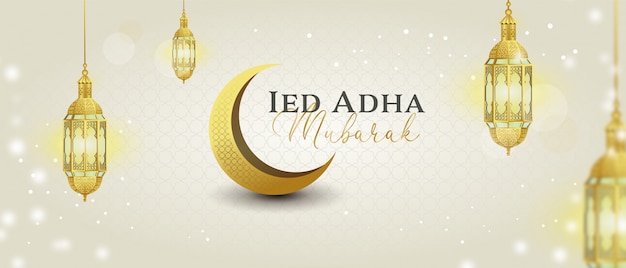 Vektor eid adha mubarak banner mit goldlaterne und eclipse moon sparkling lights