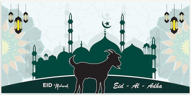 Vektor eid al adha eid mubarak banner vektorillustration ziegenmoschee auf dunkelblau schwarzem hintergrund