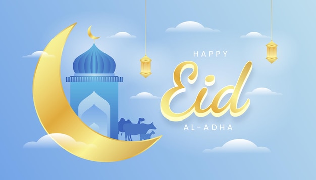 Eid al adha Grußkarte mit Farbverlauf blau und gold Thema.