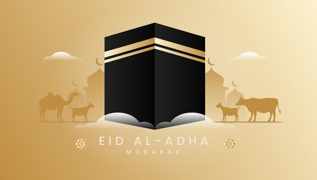 Vektor eid al adha-grußkarte mit goldenem farbverlaufsthema und kaaba-illustration.