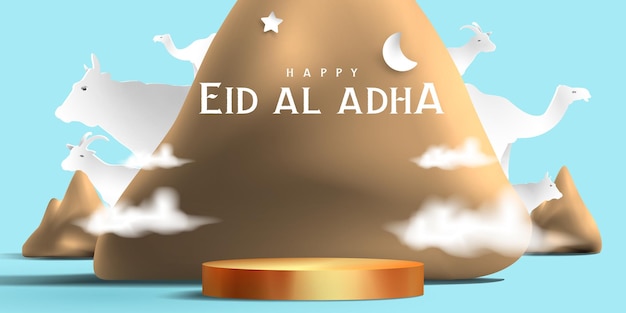 Eid al adha islamische dekoration display podium hintergrund mit ziege kamel kuh mond und stern produktschaufenster für ramadan kareem mawlid eid al fitr muharram