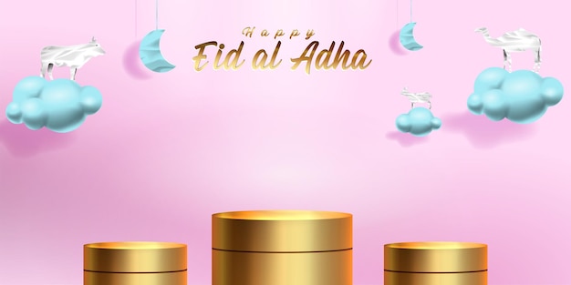 Eid al adha islamische dekoration display podium hintergrund mit ziege kamel kuh mond und stern produktschaufenster für ramadan kareem mawlid eid al fitr muharram