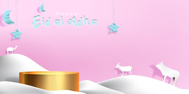 Vektor eid al adha islamische dekoration display podium hintergrund mit ziege kamel kuh mond und stern produktschaufenster für ramadan kareem mawlid eid al fitr muharram