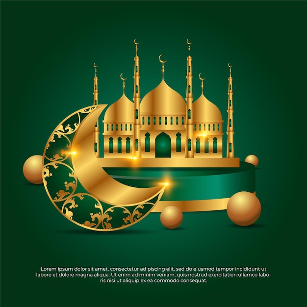 Eid al adha mubarak 3d grüne und goldene islamische moschee mondvektordesign