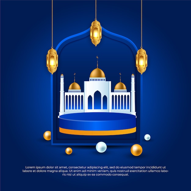 Eid al adha mubarak blauer und goldener 3d-moscheenlampen-islamischer hintergrund