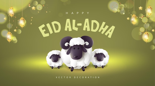 Eid al adha mubarak die feier des festivalbanners der muslimischen gemeinschaft mit weißen schafen