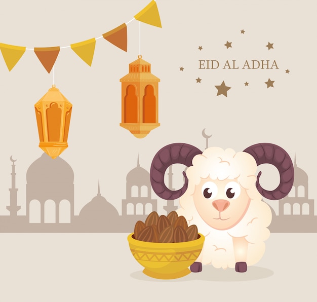 Eid al adha mubarak, fröhliches opferfest, ziege mit hängenden traditionellen ikonen und girlanden