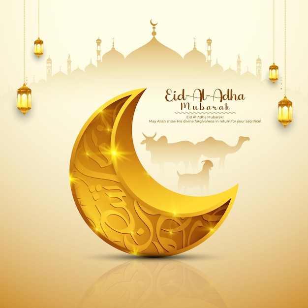 Eid al Adha Mubarak Grüßkarte und islamische Festpost Vorlage Moschee mit Mond-Hintergrund