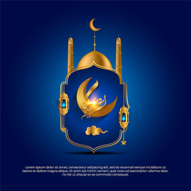 Eid al adha mubarak islamischer 3d blauer und goldener schöner mondlampenmoscheenvektorhintergrund