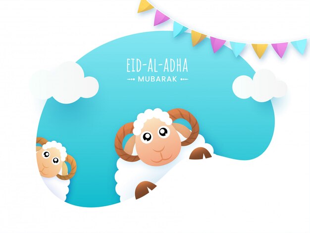 Eid-al-adha mubarak-konzept mit karikatur zwei schaf- und ammerflaggen verziert auf papierschnitt-abstrakten hintergrund.