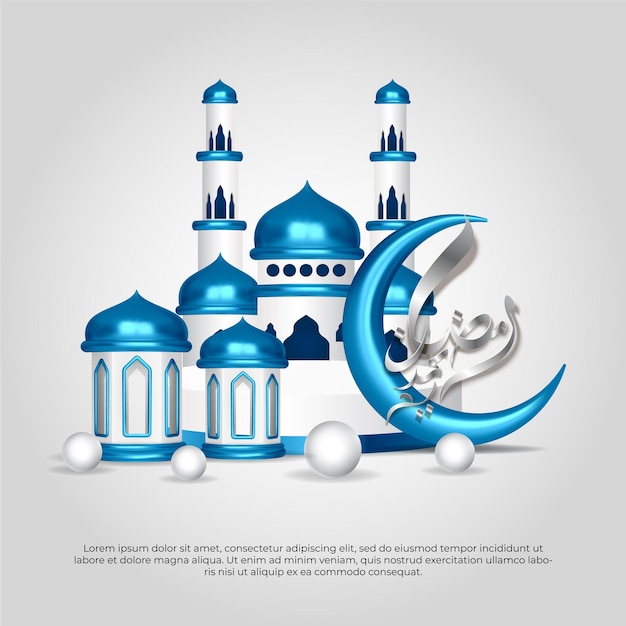 Eid al adha mubarak schöne islamische 3d-blaue moscheenlampe und mondvektordesign