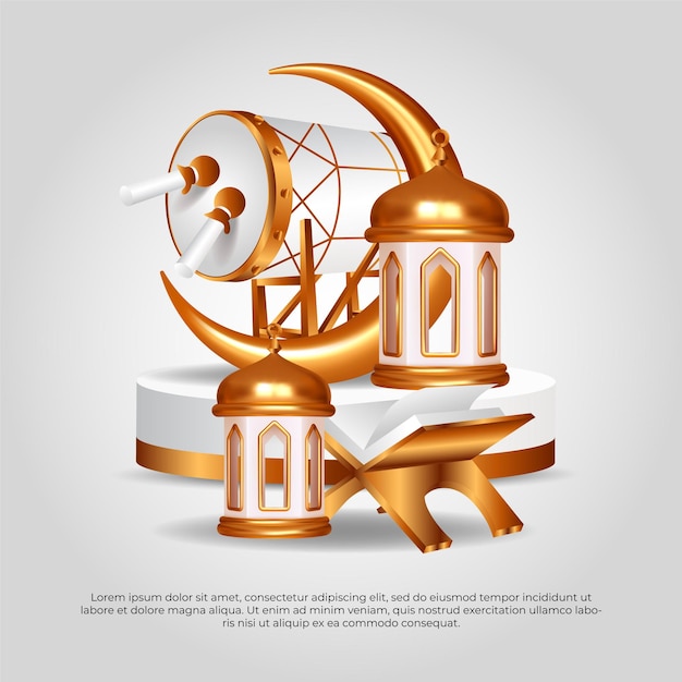 Eid al adha mubarak schöne islamische goldene mondtrommel koran und lampenvektordesign