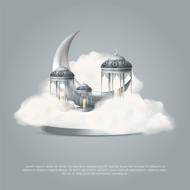 Eid al adha mubarak schönes islamisches 3d-mond- und lampenvektordesign