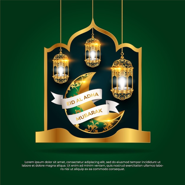 Eid al adha mubarak schönes islamisches vektordesign der goldenen mondlampe 3d