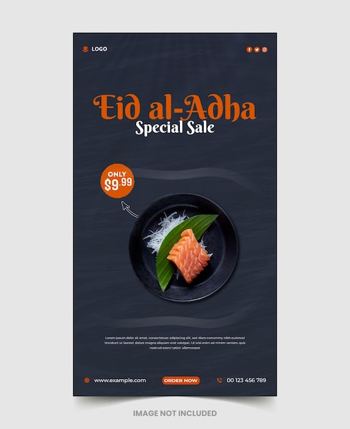 Eid al Adha muslimisches Festival Essensmenü Mega Sale Instagram und Facebook Geschichte islamische Designvorlage