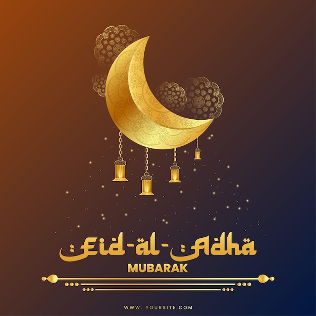 Eid al adha wunschpostendesign mit gestaltetem mond mit mandala-kunstvektordatei