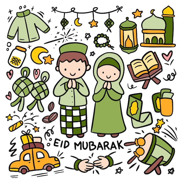 Eid al fitr feier doodle set idul fitri kawaii clipart