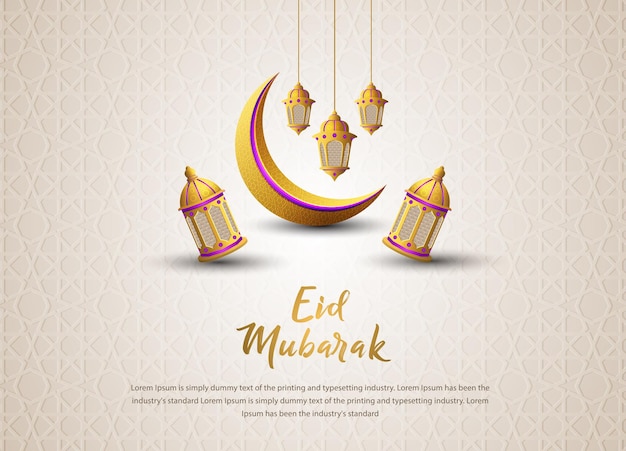 Eid al fitr-grußhintergrunddesign mit realistischen goldenen laternen und mond