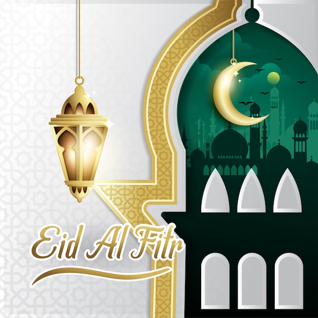 Eid al-fitr-hintergrund mit fanoos-laterne und moschee