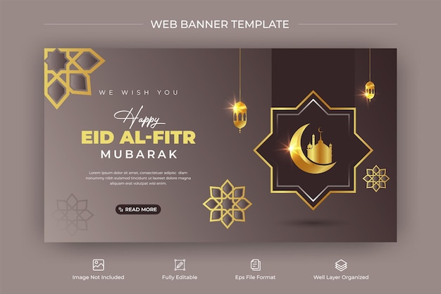 Vektor eid al fitr islamisches fest horizontales web-banner-design mit goldener lampe und moschee