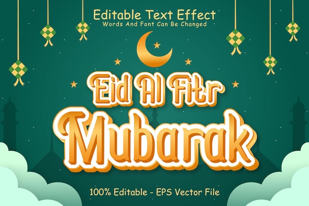 Eid al fitr mubarak bearbeitbarer texteffekt 3-dimensionaler relief-cartoon-stil