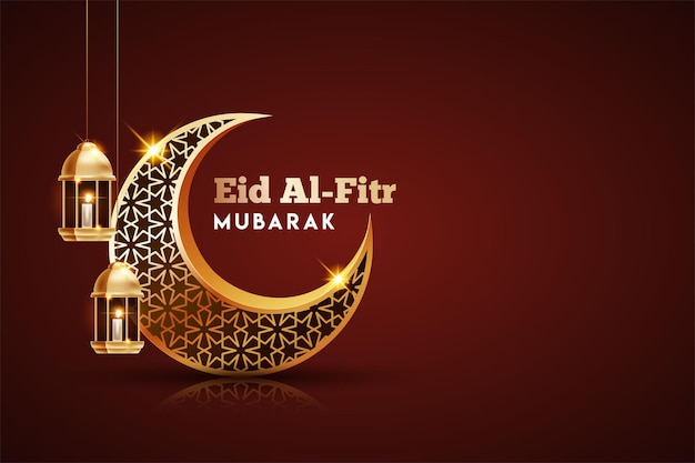 Eid al fitr mubarak mit schimmernden goldenen halbmond- und laternenelementen