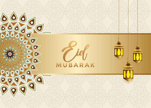Eid Mubarak-Banner mit goldener Laterne und Mandala-Rahmen für Eid Isra Miraj Milad un Nabi