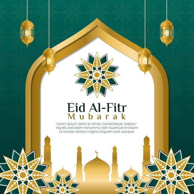 Eid mubarak-banner mit moschee und laterne im papierschnittstil
