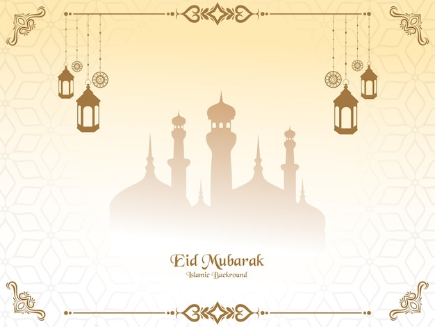 Eid mubarak festival-grußkartendekoration mit mondlaternen und musterillustration