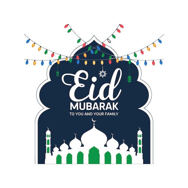 Eid Mubarak Festliche Grußkarte mit Moschee und Lichtern