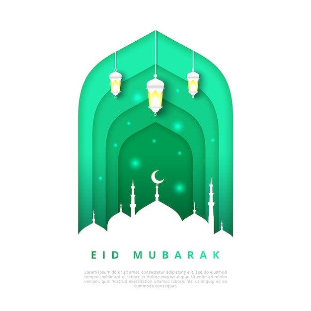 Eid mubarak grußkarte. moschee mit laternen auf weißem hintergrund in der papierschnittart