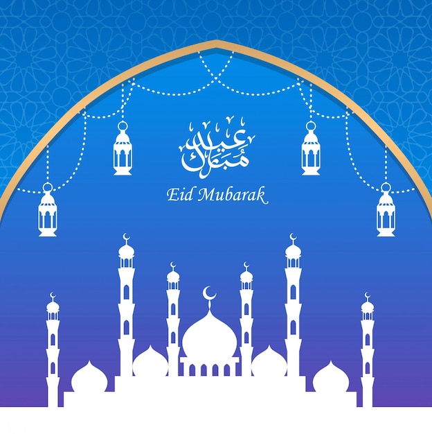 Eid Mubarak-Grußkartendesign mit Schattenbildmoschee und -laterne