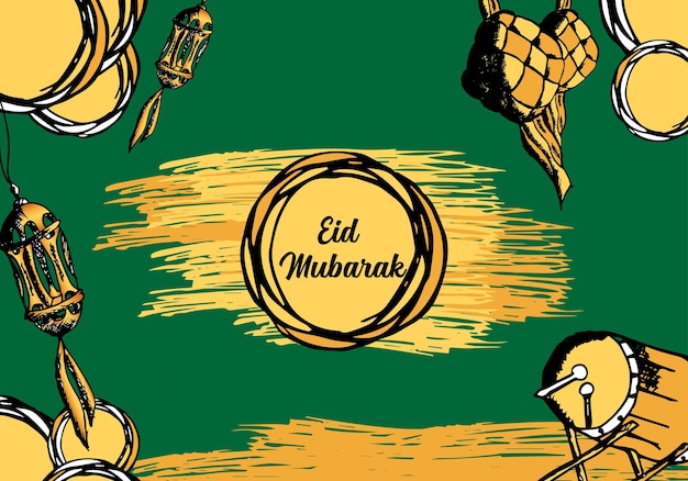 Eid mubarak handgezeichneter premium-gold- und grünfarbvektor