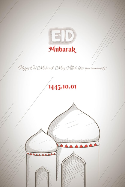 Eid mubarak hintergrund mit einfacher moschee im handgezeichneten design der karikatur