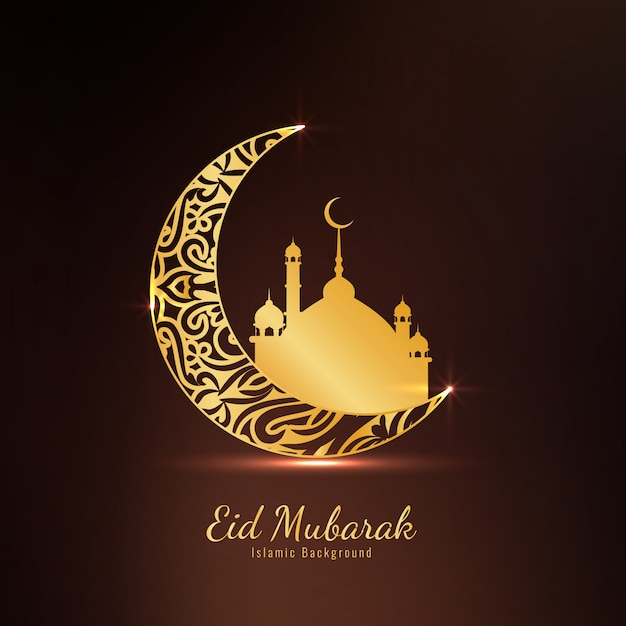 Eid mubarak-hintergrund mit goldenem sichelförmigem mond