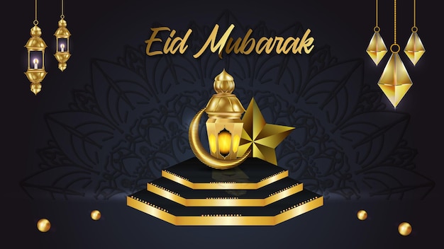 Vektor eid mubarak islamische grußkarte design dekorativer hintergrund mit goldenem ornament premium-vektor