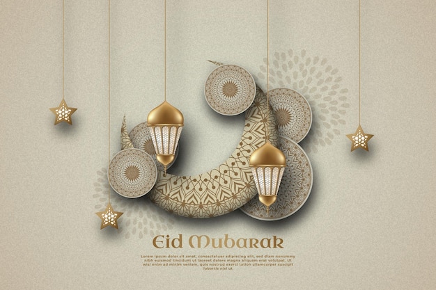 Eid mubarak islamische vorlage einer halbmondförmigen mandala-laterne und sternverzierungen auf beigem hintergrund