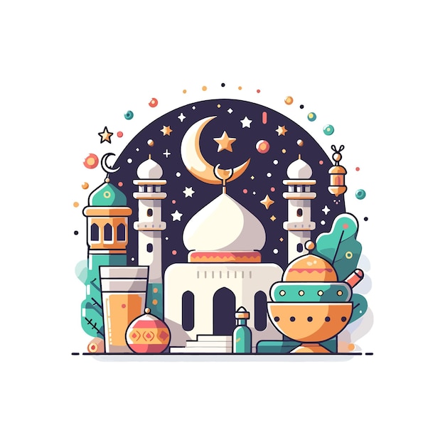 Vektor eid mubarak mit moschee mond und sterne begrüßung isolierte vektor flache illustration