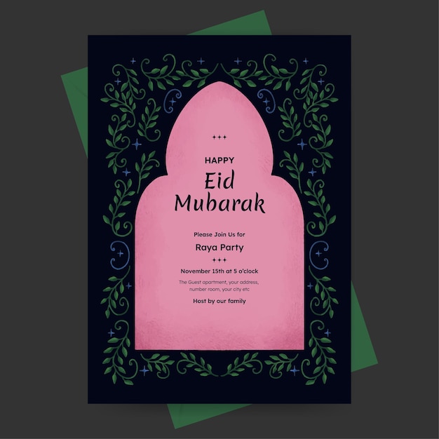Eid Mubarak Vorlage Design für Raya Party mit Blumenrand für Poster Grüße oder Einladung