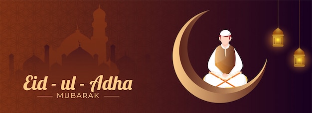 Eid-ul-adha mubarak-konzept mit 3d-halbmond, hängenden beleuchteten laternen und muslimischem mann, der koran auf braunem und lila islamischem musterhintergrund liest.