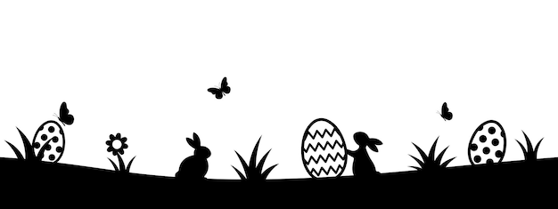 Vektor eiersuche ostern hintergrund schwarze silhouette der hasen ostereier schmetterlinge blumen panorama-vektor-illustration ostern ostermotiv hintergrund