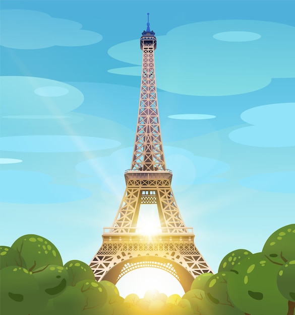 Vektor eiffelturm in paris gegen den blauen himmel. die sonne auf den champs elysees. tagsüber paris. die tagessonne am eiffelturm. illustration