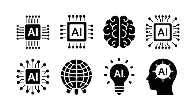 Eight Black Icons Representing Artificial Intelligence And Technology On A White Background Keywords AI artificial intelligence technology brain computer chip circuit processor lightbulb